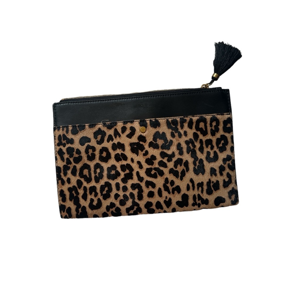 J Crew leather and cow hide leopard clutch